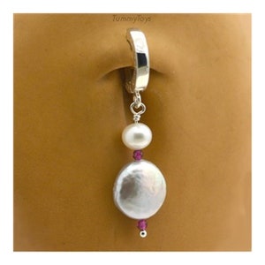 Silver & White Pearl Belly Ring - Belly Button Ring - Solid Sterling Silver Navel Ring - 14g - Belly Ring Pearl - Belly button jewelry