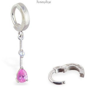 Silver Pink Belly Ring - 925 Navel belly Ring with Pink Dangle Charm - Pink CZ  - better than a barbell easy to use clicker Pink Navel Ring