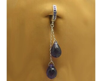 Anillo de vientre de cadena de cuarzo - anillo de vientre con encanto de colgante de cadena - anillo de vientre púrpura - anillo de vientre de plata con encanto colgante de cuarzo - anillo de ombligo