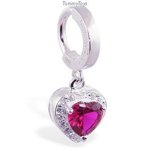 Stunning Red Heart CZ Drop Charm on Sterling Silver Clasp - Red Heart Belly Ring - Belly Ring Heart - Cute Belly Ring - Heart Navel Ring