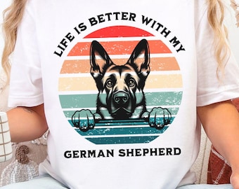 German Shepherd Sunset T-shirt, Shepherd Camping shirt, German Shepherd gift, Boho GSD shirts for dog lovers, Life Is Better With My Dog Tee