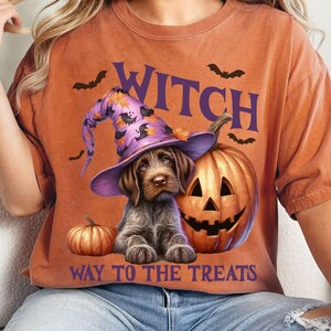 May include: A rust-coloured short-sleeve t-shirt featuring a graphic of a brown puppy wearing a purple witch hat, positioned next to a jack-o'-lantern and a small pumpkin. The text reads WITCH WAY TO THE TREATS with small black bat silhouettes.