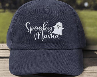 Embroidered Spooky Mom Hat, Corduroy Halloween Ghost Cap, Ghost Loving Mama Hat, Halloween Lover Gifts for Her, Cute Embroidered Fall Hats