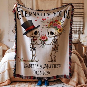 Personalized Skeleton Woven Blanket, Custom Skeleton Wedding Gift, Goth Spooky Anniversary Gift, Couples Wall Tapestry, Halloween Lover Gift
