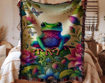 Whimsical Frog Woven Blanket, Woodland Animal Throw, Frog and Mushroom Blanket, Frog Lover Gifts, Fantasy Wall Tapestry, Frog Bedding