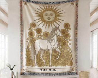 Sun Tarot Card Woven Blanket, Tarot Gift for Her, Horse Lover Blanket, Sun Tarot Card Wall Tapestry, Tarot Card Lover Gift