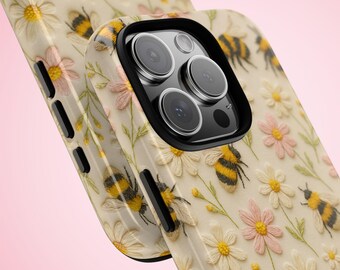 Custodia per telefono ricamata LUCKY BEE per iPhone 16-13, Samsung S21-S25, custodia per telefono ape primaverile | Custodia per telefono con ricamo finto di api floreali carine
