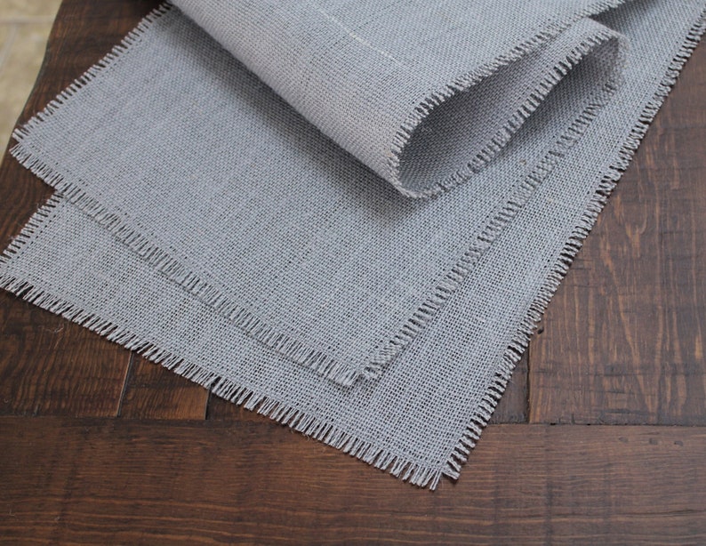 MEDIUM GRAY Burlap Runner with half inch fringe image 1