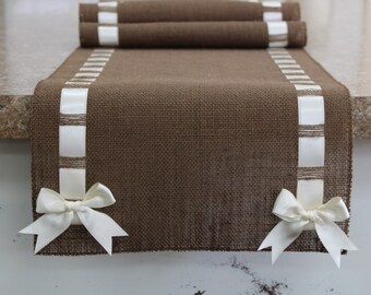 Brown Burlap Table Runner with Ivory Satin Ribbon