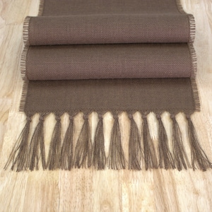Brown Burlap Table Runner with Hand Knotted Fringe