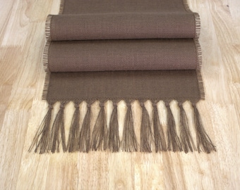 Brown Burlap Table Runner with Hand Knotted Fringe