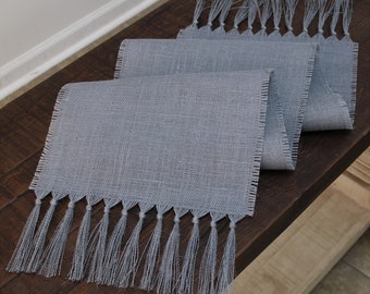 MEDIUM GRAY Burlap Table Runner with 5" Hand Knotted Fringe