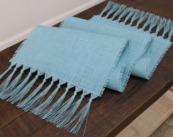 SKY BLUE Burlap Table Runner with 5" Knotted Fringe