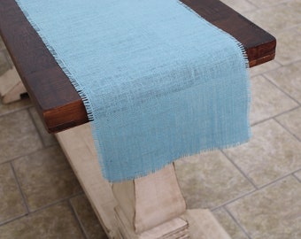 SKY BLUE Burlap Table Runner with half inch fringe