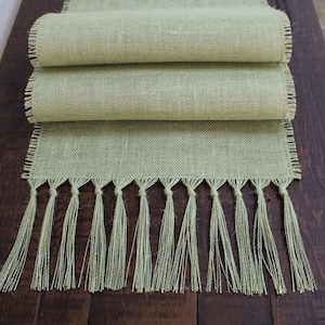 SAGE GREEN Premium Burlap Table Runner with 5&quot; Knotted Fringe