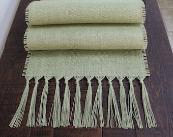 SAGE GREEN Premium Burlap Table Runner with 5" Knotted Fringe