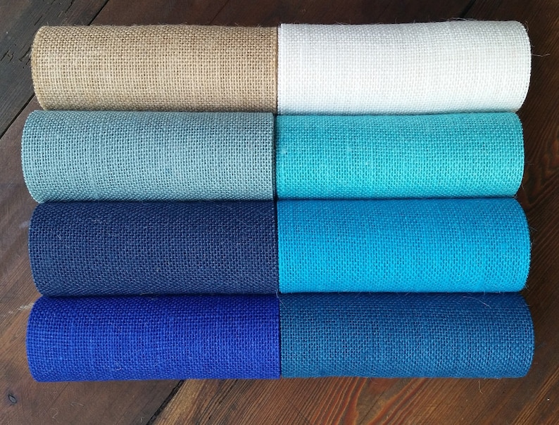 Aqua Ocean Turquoise Sky Ivory or Natural Electric Navy 12 inch wide BLUE Premium Burlap Runner Roll