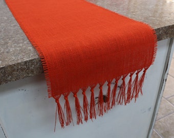 ORANGE Burlap Table Runner with 5" Knotted Fringe