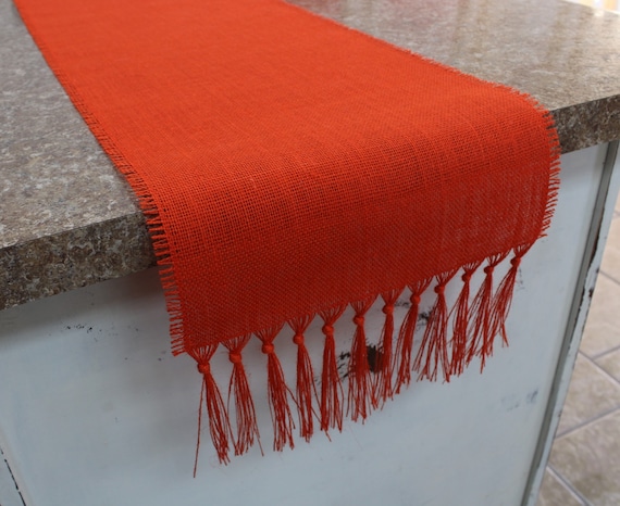 ORANGE Burlap Table Runner with 5" Knotted Fringe