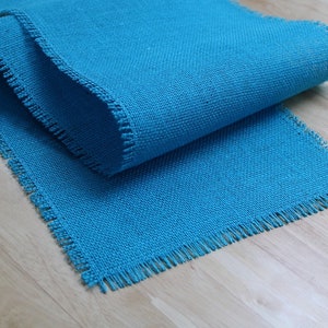 TURQUOISE Burlap Table Runner with half inch fringe