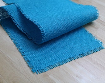 TURQUOISE Burlap Table Runner with half inch fringe