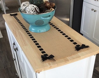 Burlap Table Runner with Black Satin Ribbon