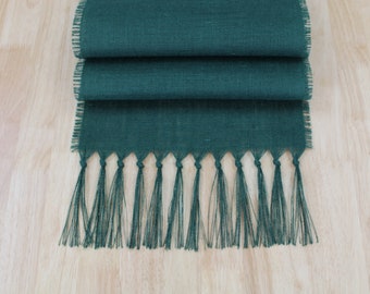 HUNTER GREEN Burlap Table Runner with 5" Knotted Fringe