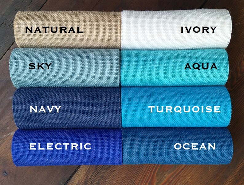 Aqua Ocean Turquoise Sky Ivory or Natural Electric Navy 12 inch wide BLUE Premium Burlap Runner Roll