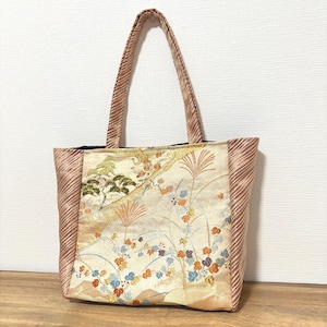 Handmade Kimono Obi Handbag Cranes and Pine Japanese Kimono Tote Bag – Upcycled Gold Silk Obi with Mountains and Autumn Flowers