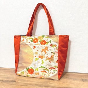 Handmade Kimono Obi Tote Bag Crane & Chrysanthemum Motif in Cream and Orange | Upcycled Japanese Obi Fabric Handbag