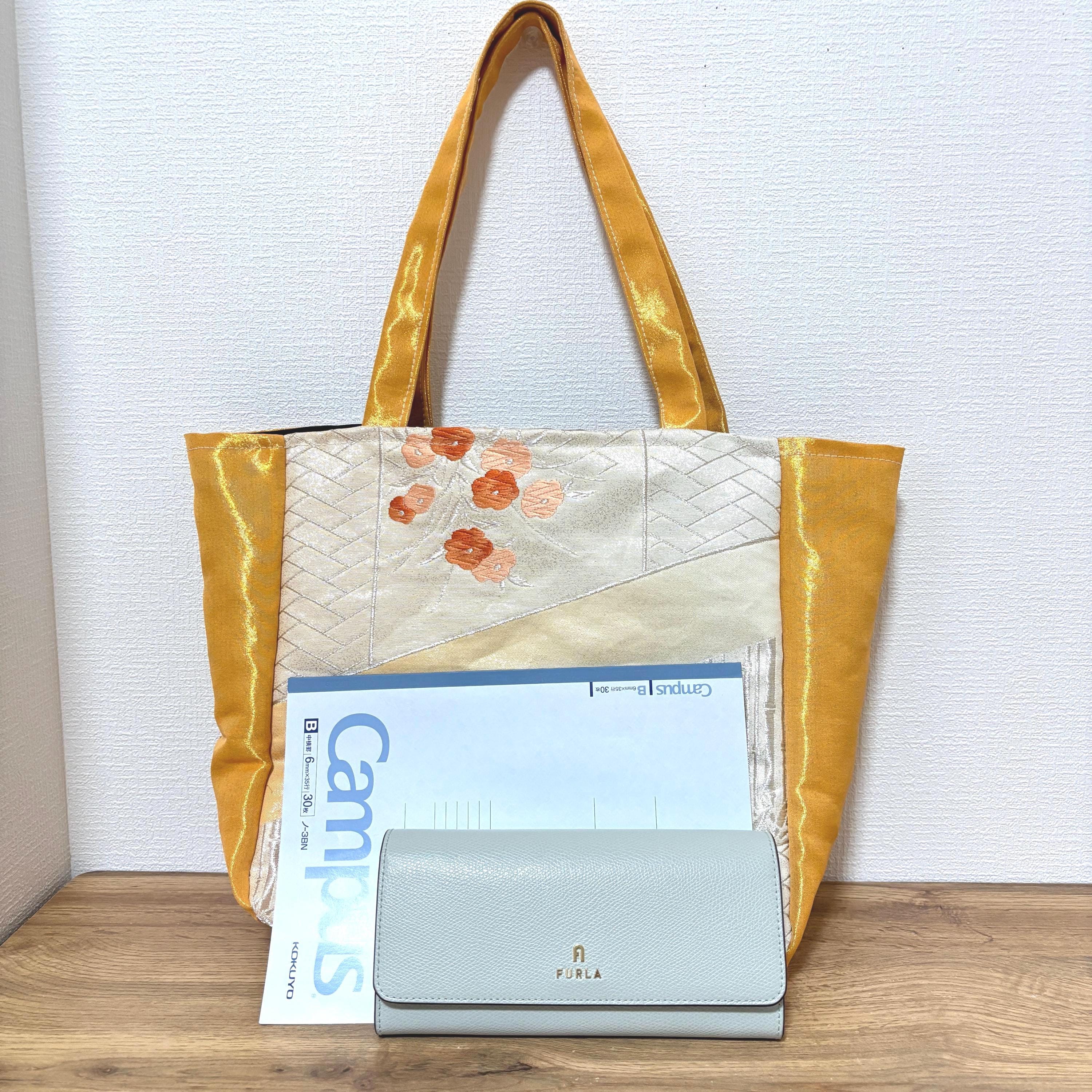 Handmade Kimono Obi Handbag - Silver Bamboo & Plum Blossom Pattern