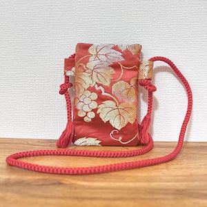 Handgemachte Kimono Obi Handytasche Rote Weinrebe Muster Japanischer Stoff Handtasche Yukata Kyoto Pouch Wallet Smartphone Upcycled Vintage