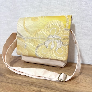 Yellow Cream Japanese Kimono Obi Messenger Bag – Vintage Kimono Fabric with Braided Cord Motif