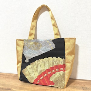 Handmade Kimono Obi Handbag Gold & Black Kimono Obi Tote Bag with Fan and Kikkō Motifs – Upcycled Japanese Silk, Upcycled Fashion