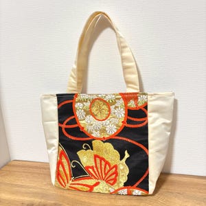 Butterfly & Sakura Kimono Obi Tote Bag – Black and Gold – Medium or Long Size Available, Handcrafted Traditional Upcycled Fashion