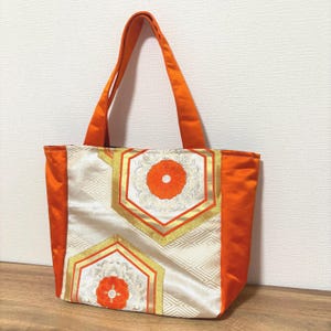 Kimono Obi Tote Bag – Orange Chrysanthemum Crest Tote Bag – Medium or Long Size Available, Handcrafted Traditional Upcycled Fashion