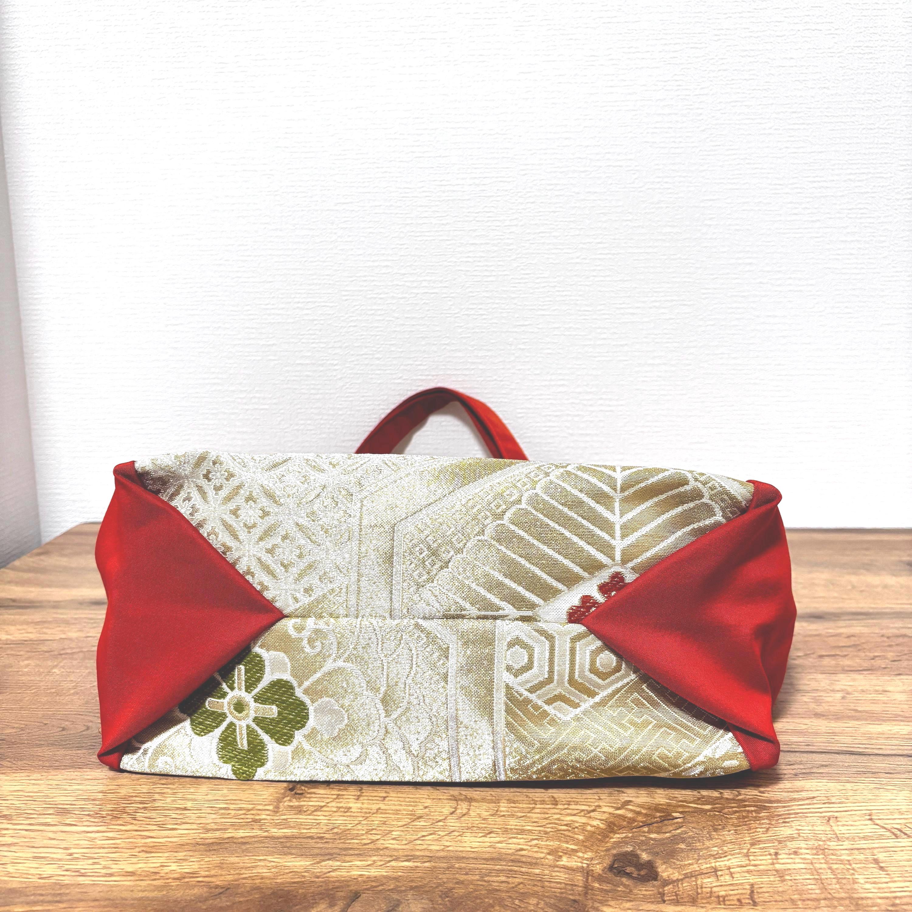 Handmade Kimono Obi Tote Bag –red and Gold Elegance With Plum