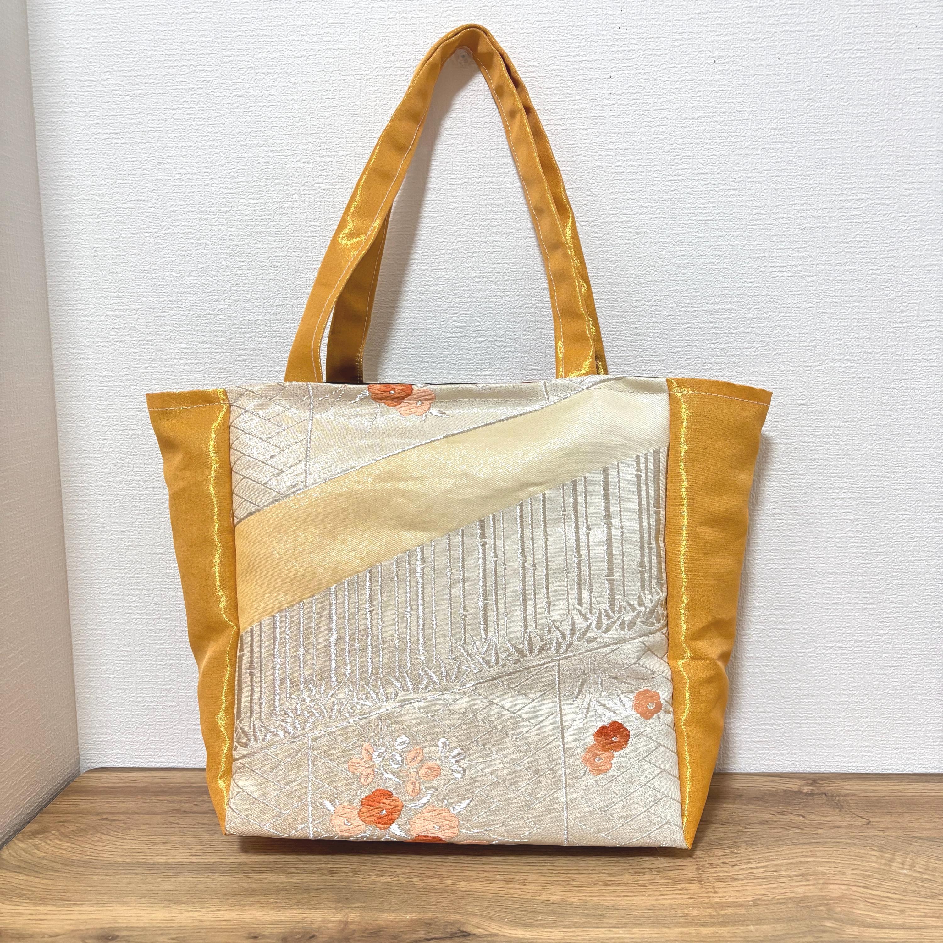 Handmade Kimono Obi Handbag - Silver Bamboo & Plum Blossom Pattern