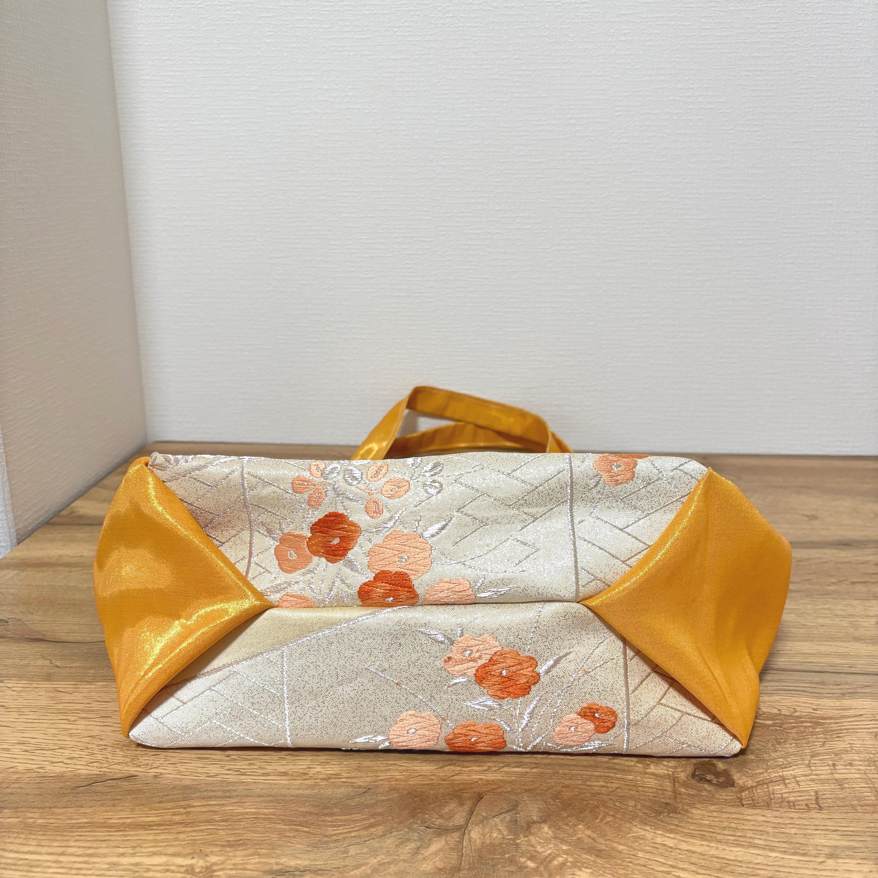 Handmade Kimono Obi Handbag - Silver Bamboo & Plum Blossom Pattern
