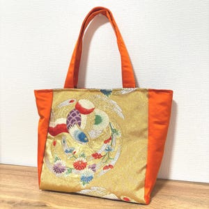 Handmade Kimono Obi Handbag Bold Gold Phoenix & Floral Kimono Tote Bag – Upcycled Japanese Obi with Red Handles, Upcycled Fashion