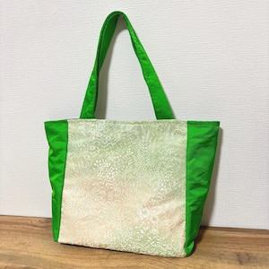 Upcycled Kimono Tote Bag - Light Green Floral Embroidery with Bright Green Sides, Handcrafted Traditional Upcycled Fashion Magnetic Closure