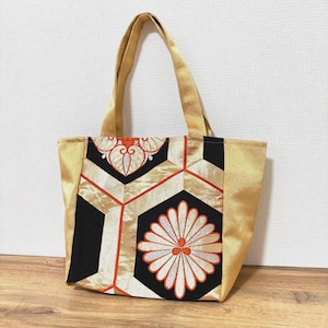 Handmade Kimono Obi Tote Bag – Black & Gold with Embroidered Chrysanthemum Crest | Japanese Vintage Fabric Bag