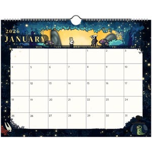 May include: 2026 January calendar featuring a fantasy illustration. The calendar has a spiral binding at the top and a white background with a grid for each day. The top of the calendar has a dark blue and yellow illustration with the text "2026 JANUARY".