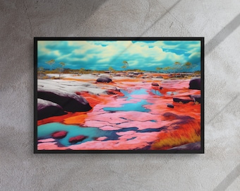 Cano Cristales River Framed Canvas Print | Colombian Rainbow River Art | Tropical Landscape Digital Painting | Colorful Nature Wall Decor