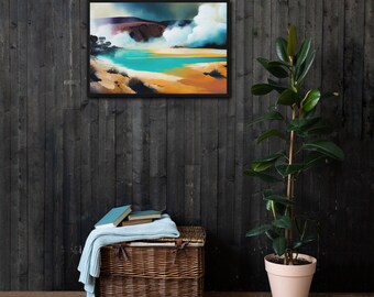 May include: A framed painting of a landscape with a turquoise lake, yellow sand, and a misty sky. The painting is set against a dark wood background.