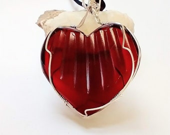 Red glass heart necklace - glass heart pendant - wrapped heart necklace