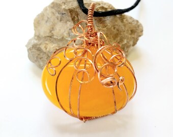 Copper pumpkin pendant - pumpkin pendant for women - wire wrapped pendant