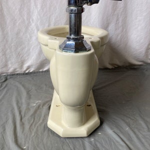 May include: A vintage off-white toilet bowl with a chrome flush valve and handle.