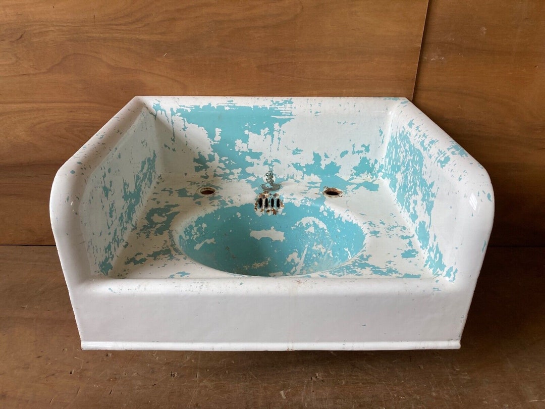 Early Antique Cast Iron White Porcelain High Back Bathroom Sink Old Vtg