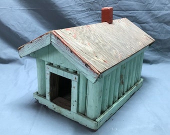 VTG Folk Art 10x15 Log Cabin Mint Green Birdhouse Country Garden Decor Old 218-23B